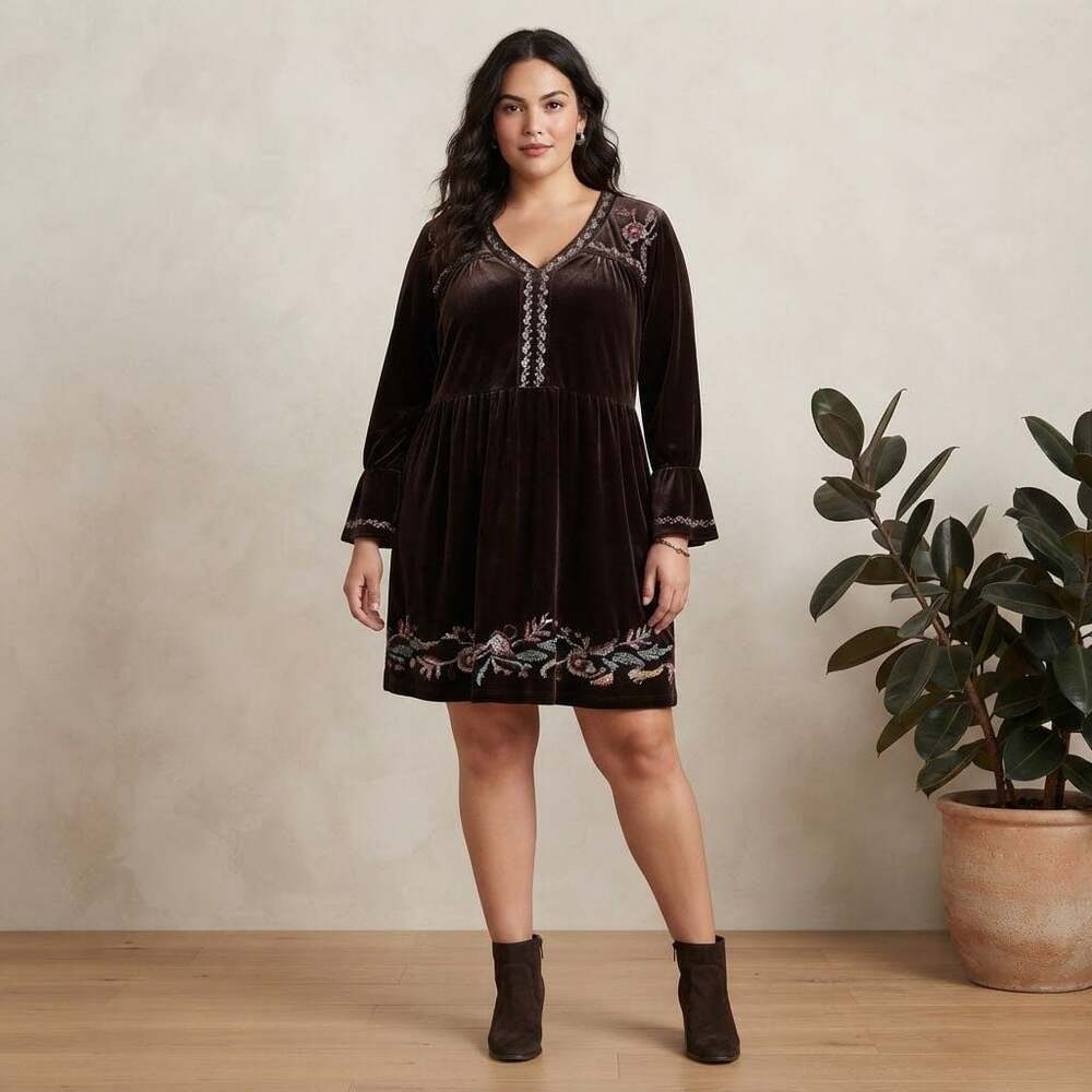 Style & Co. Women's Brown Velvet Embroidered Long Sleeve Tunic Dress Size XL